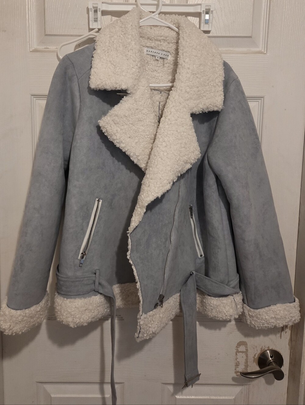 Express Endless Rose Dusty Blue Faux Suede Shearling Moto Jacket M NWOT